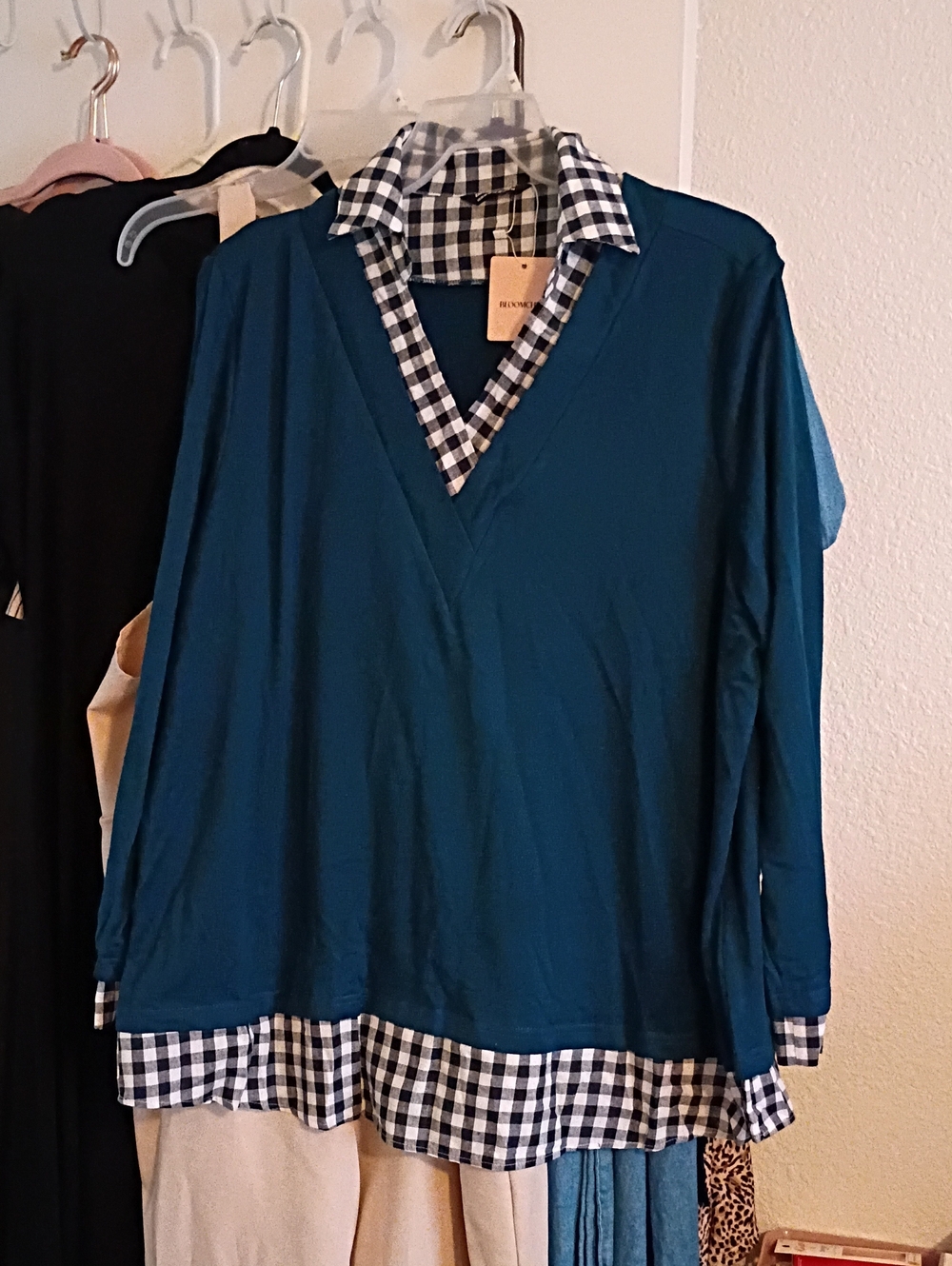 BloomChic Teal V-Neck Long Sleeve Top with Black-and-White Plaid Trim